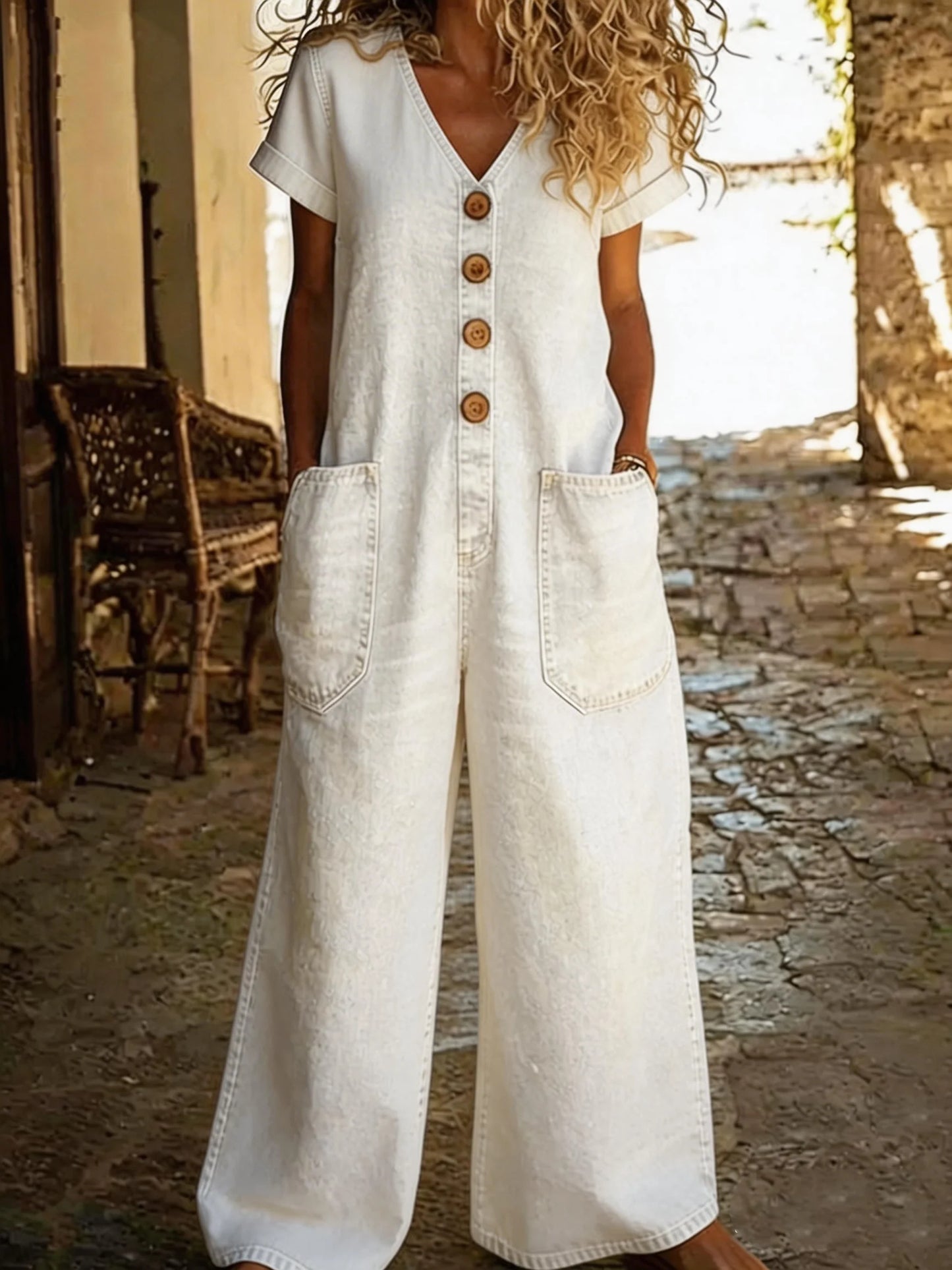 Chloe - Denim Jumpsuit with V-Neck and Short Sleeves