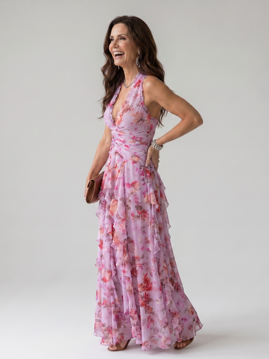 Nori⢠Halter Neck Ruched Bodice Floral Maxi Dress