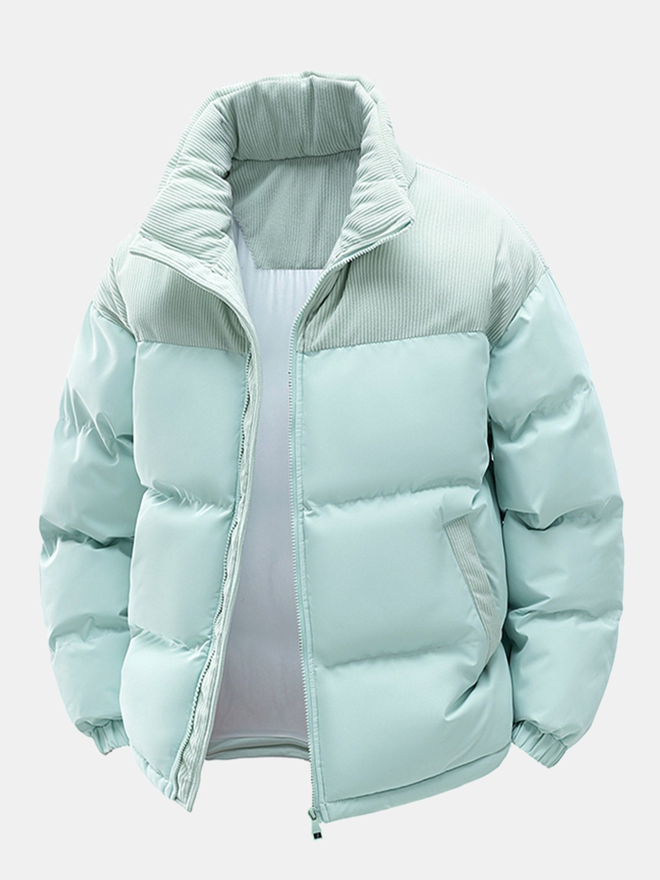 Corduroy Patchwork Hooded Puffer Jacket