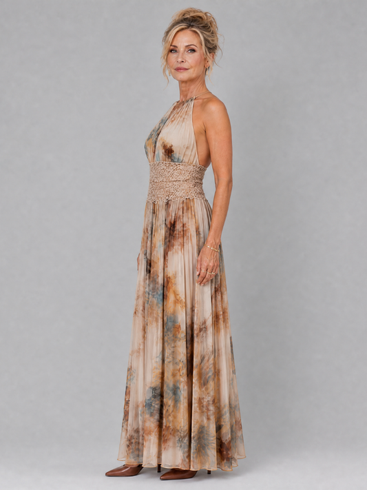 Elavenue⢠Halter Neck Lace Waist Maxi Dress