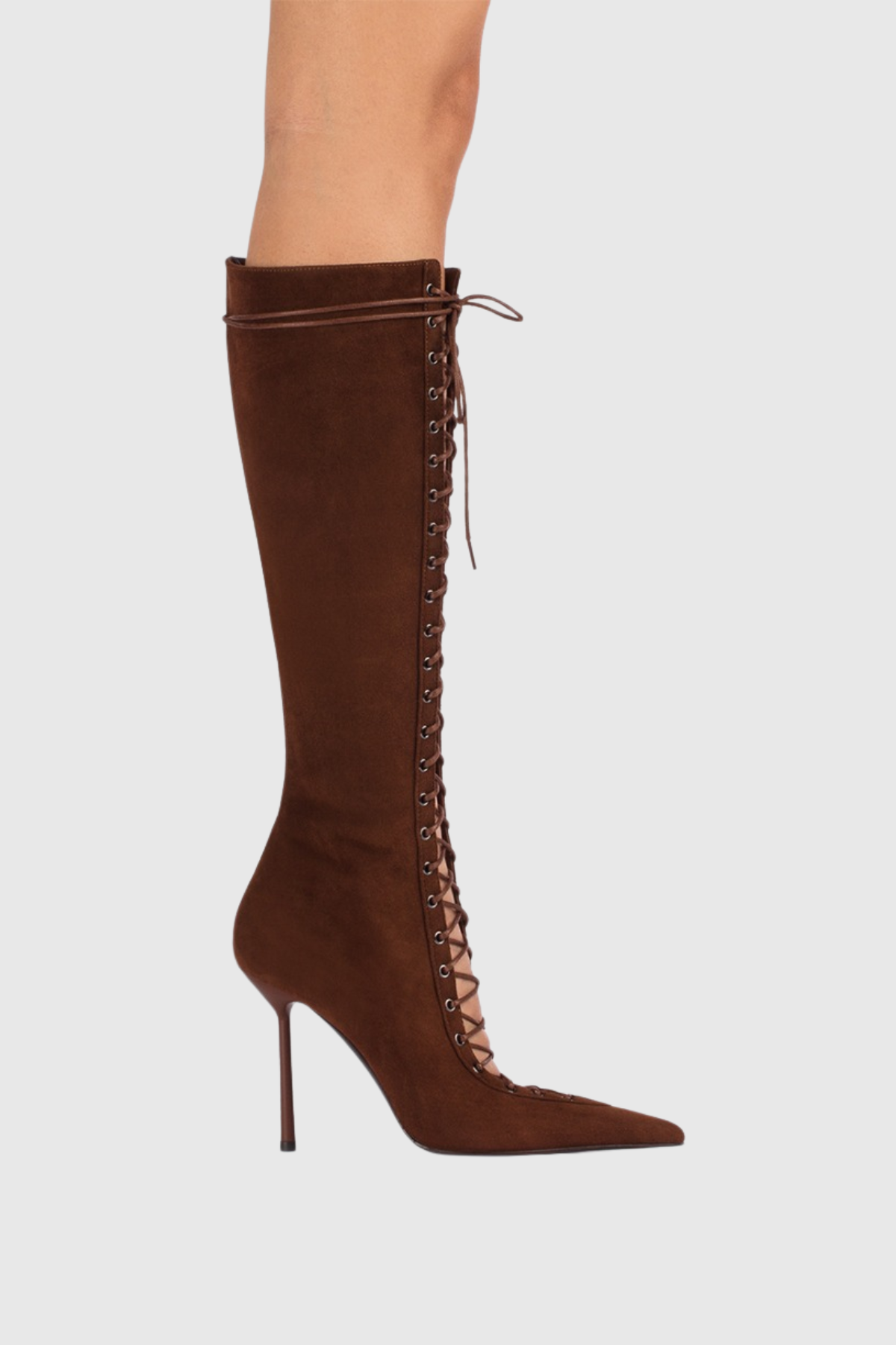 Mia Lace Up Suede Knee High Boots - Brown