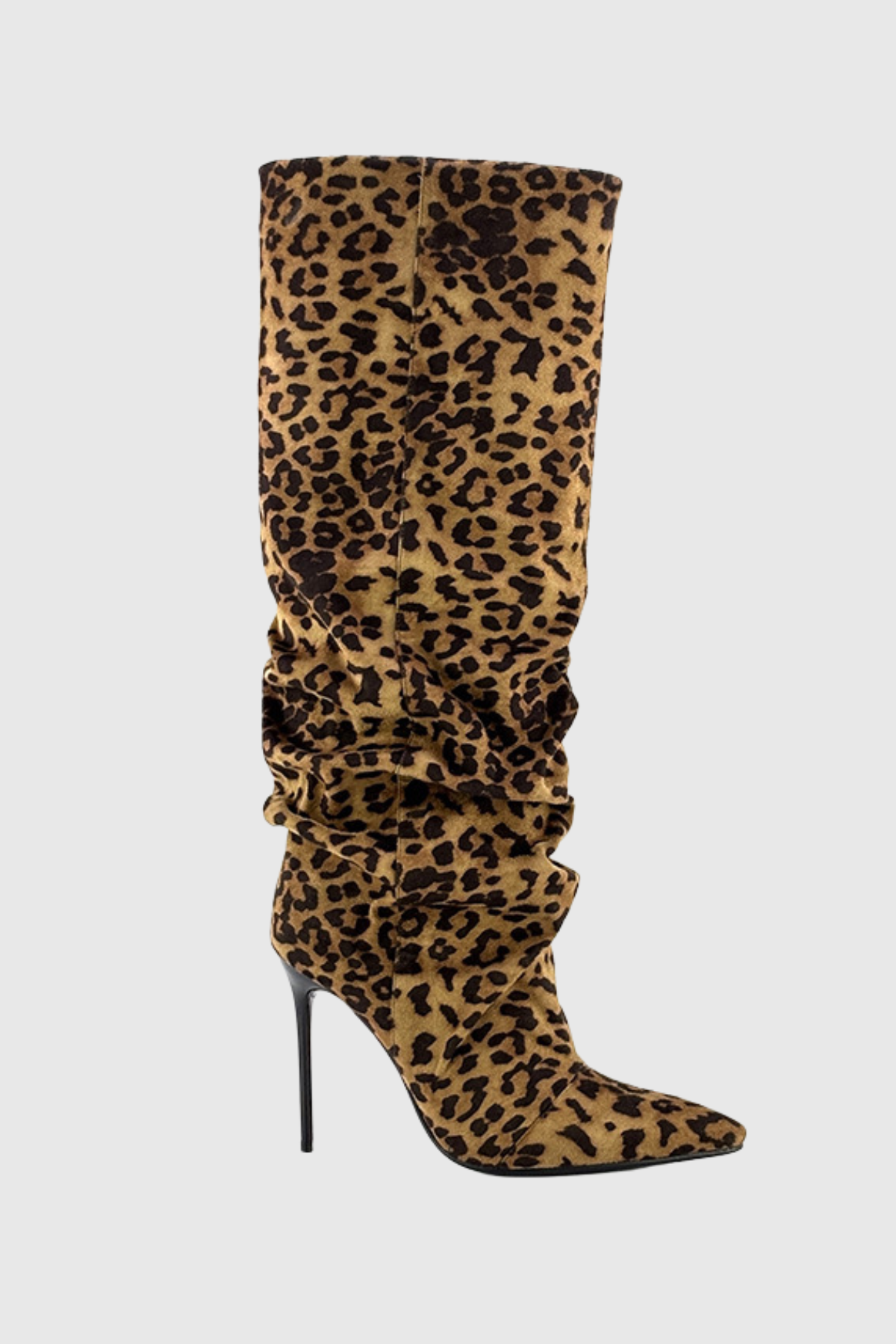 Ivy Suede Ruched Knee High Boots - Leopard