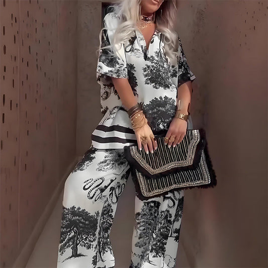 Linette⢠Printed V-Neck Top & Long Pants