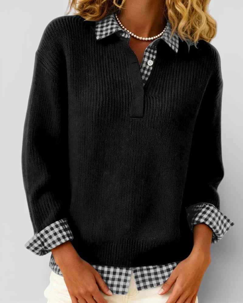Emily – Knit Sweater with Plaid Shirt Detail