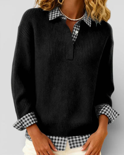 Emily – Knit Sweater with Plaid Shirt Detail