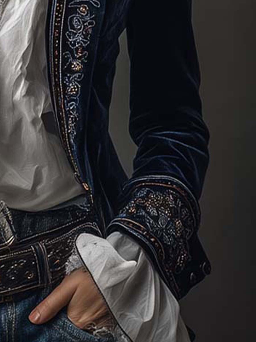 Navy Blue Vintage Embroidered Long Jacket