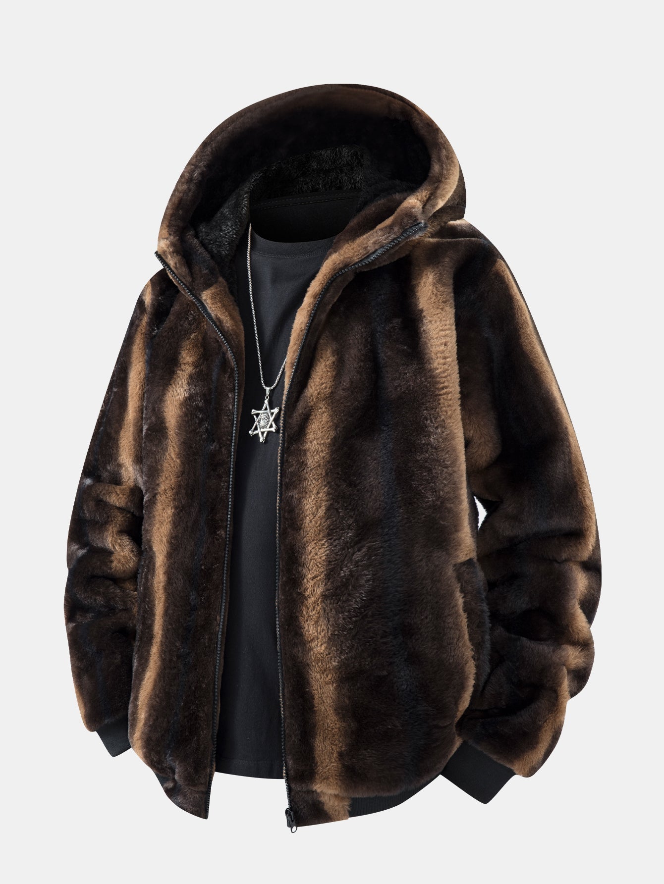 Faux Fur Animal Print Hooded Jacket