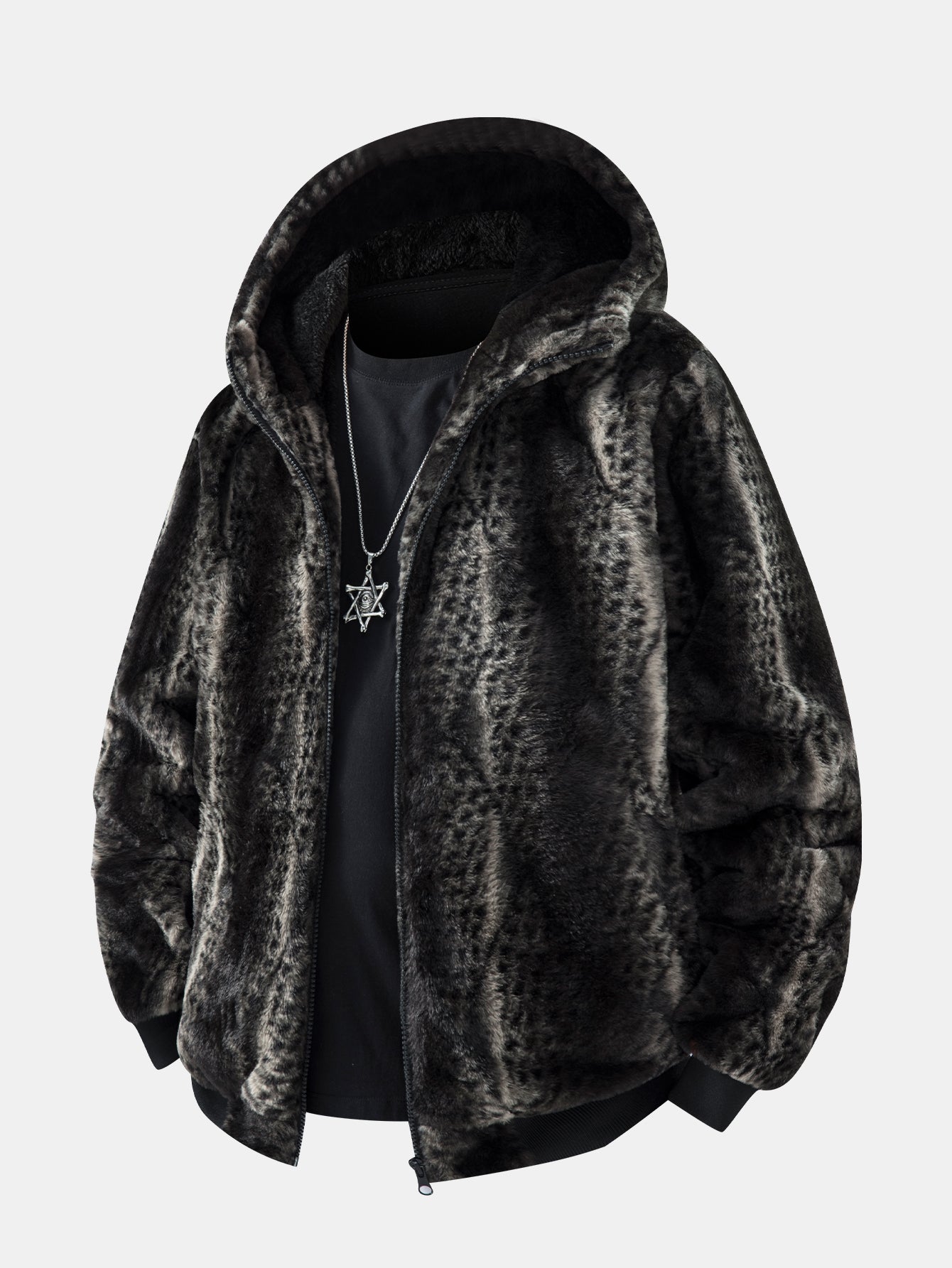 Faux Fur Animal Print Hooded Jacket
