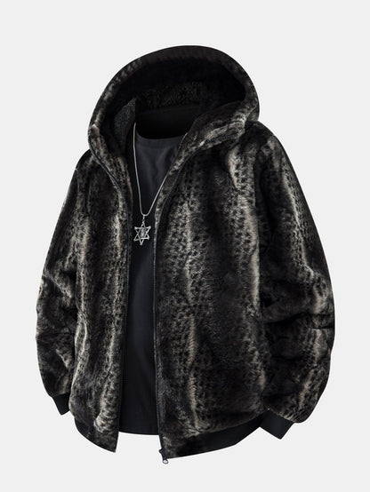 Faux Fur Animal Print Hooded Jacket
