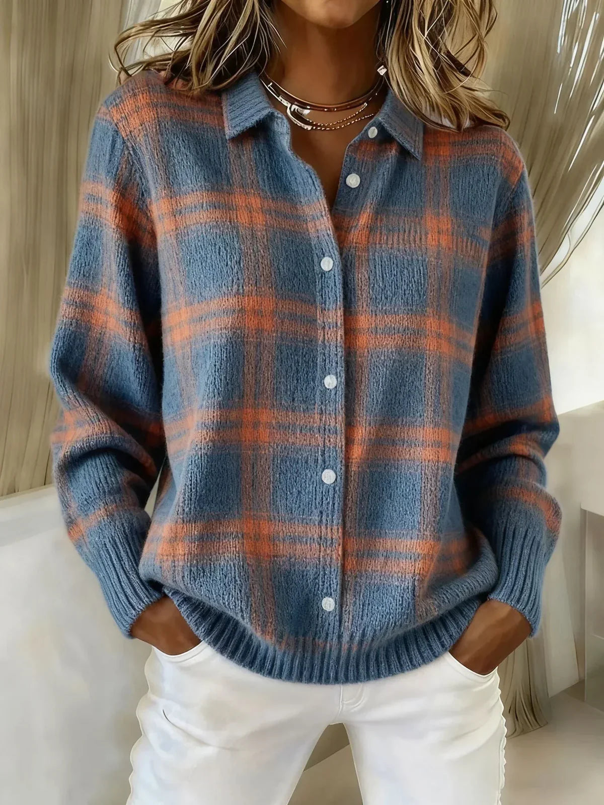 Elara™ | Soft Check Knit Cardigan