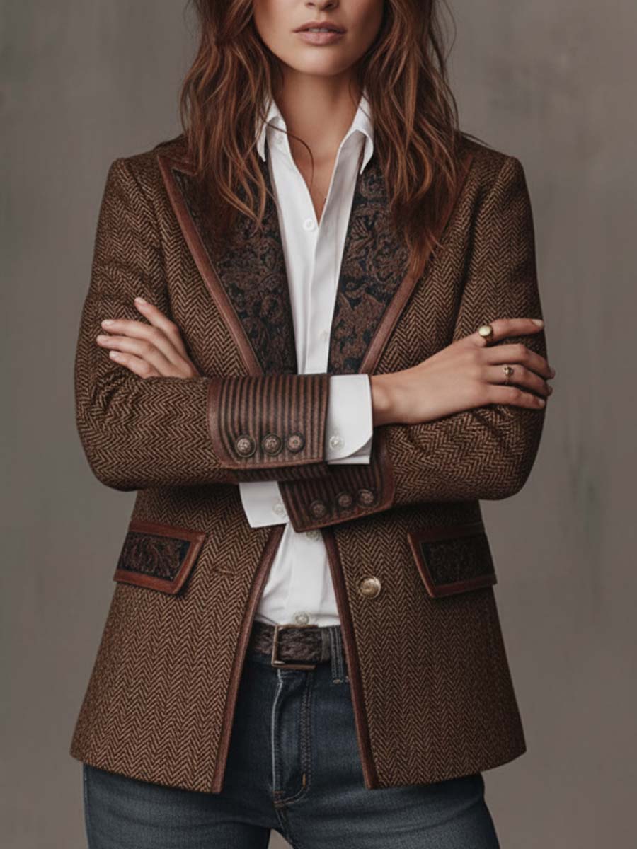 Women's Herringbone Blazer with Printed Panels