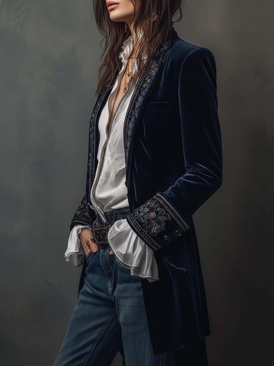 Navy Blue Vintage Embroidered Long Jacket