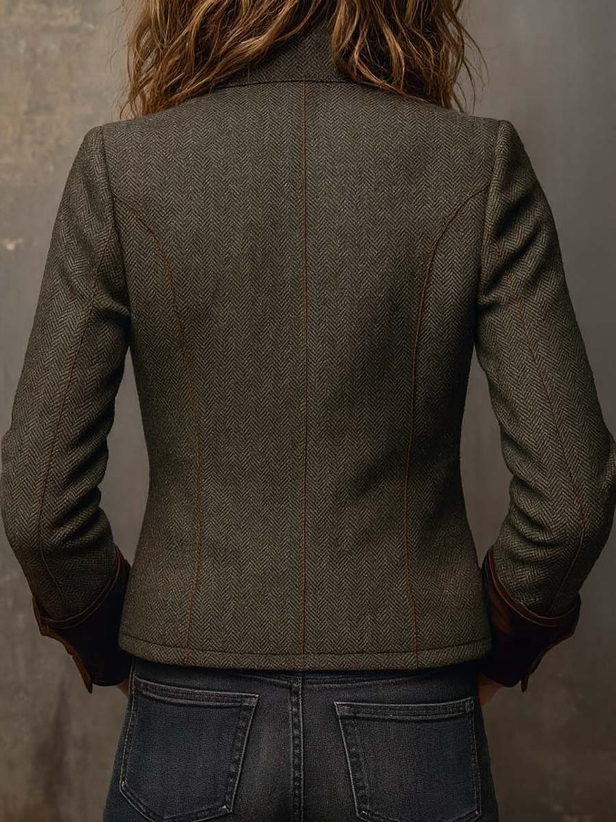 Vintage Women's Herringbone Blazer with Contrast Trim