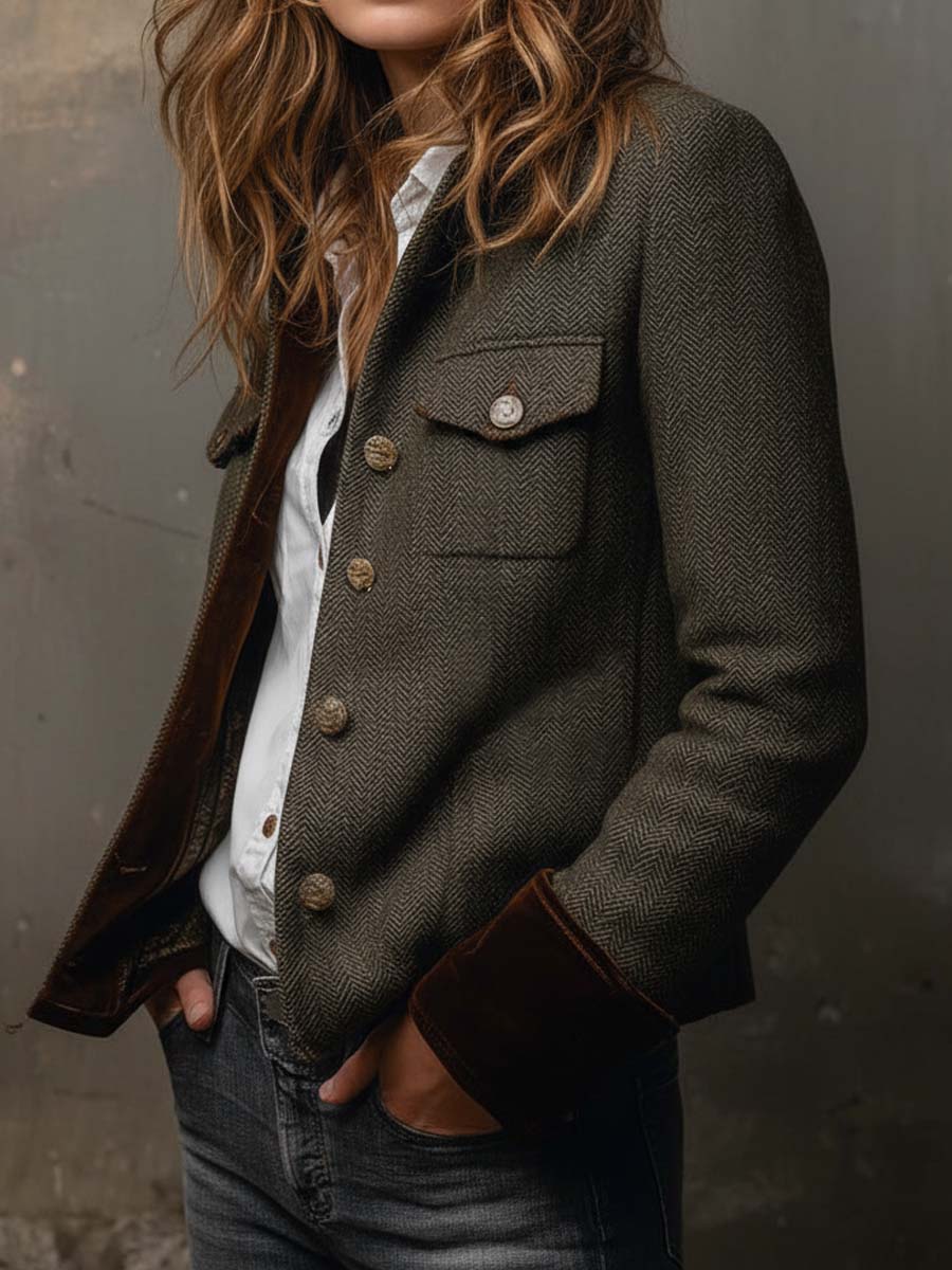 Vintage Women's Herringbone Blazer with Contrast Trim