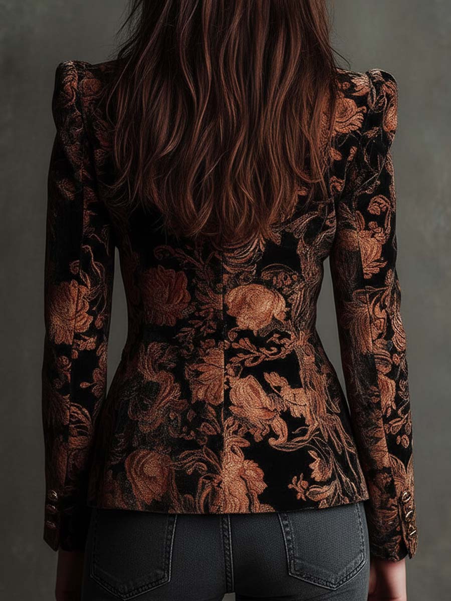 Women's Tailored Black & Bronze Floral Print Blazer
