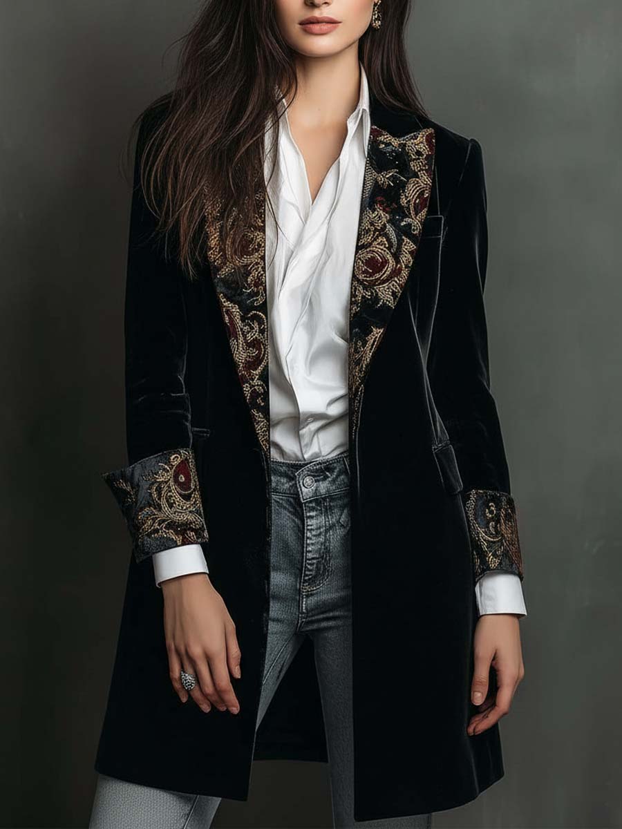 Black Slim-Fit Women's Blazer with Lapels & Baroque Print