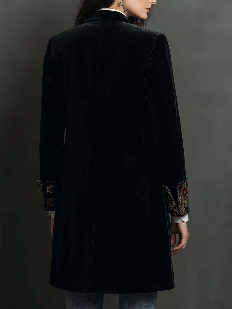 Black Slim-Fit Women's Blazer with Lapels & Baroque Print