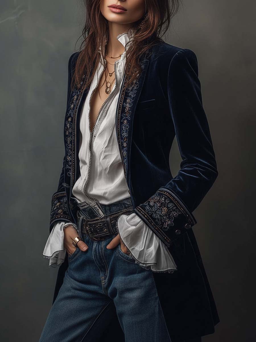 Navy Blue Vintage Embroidered Long Jacket