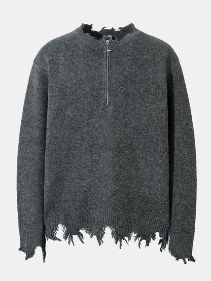 Distressed Quarter Zip Knit Sweater