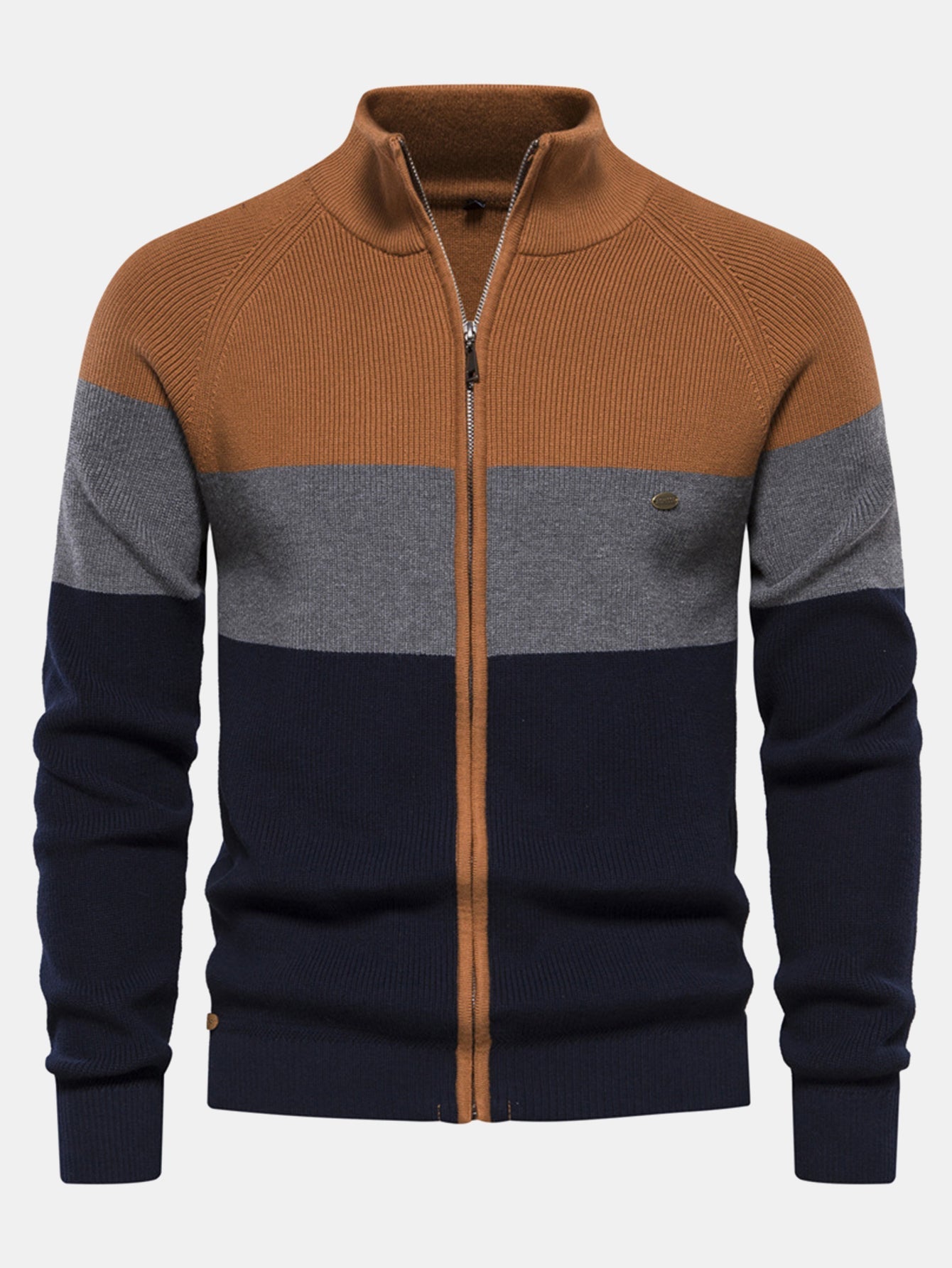 Color Block Zipper Stand Collar Sweater