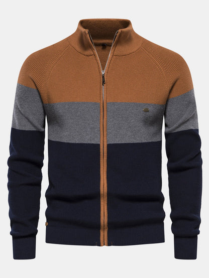 Color Block Zipper Stand Collar Sweater