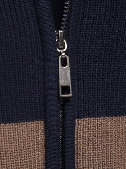 Color Block Zipper Stand Collar Sweater