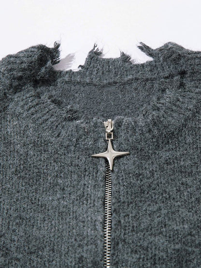 Distressed Quarter Zip Knit Sweater