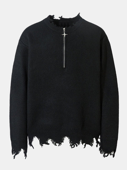 Distressed Quarter Zip Knit Sweater