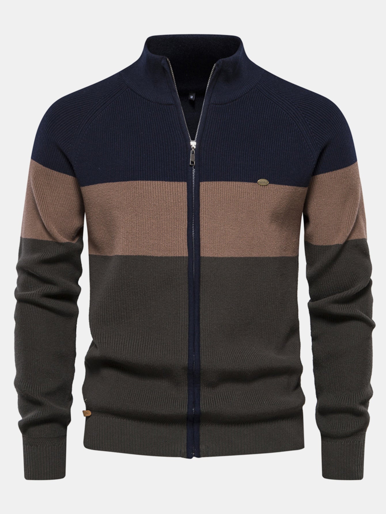 Color Block Zipper Stand Collar Sweater