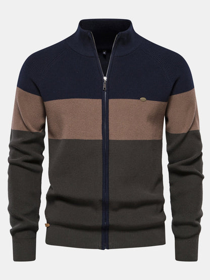 Color Block Zipper Stand Collar Sweater