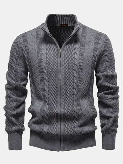 Twist Jacquard Zipper Stand Collar Sweater