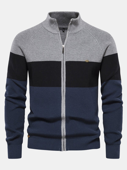 Color Block Zipper Stand Collar Sweater