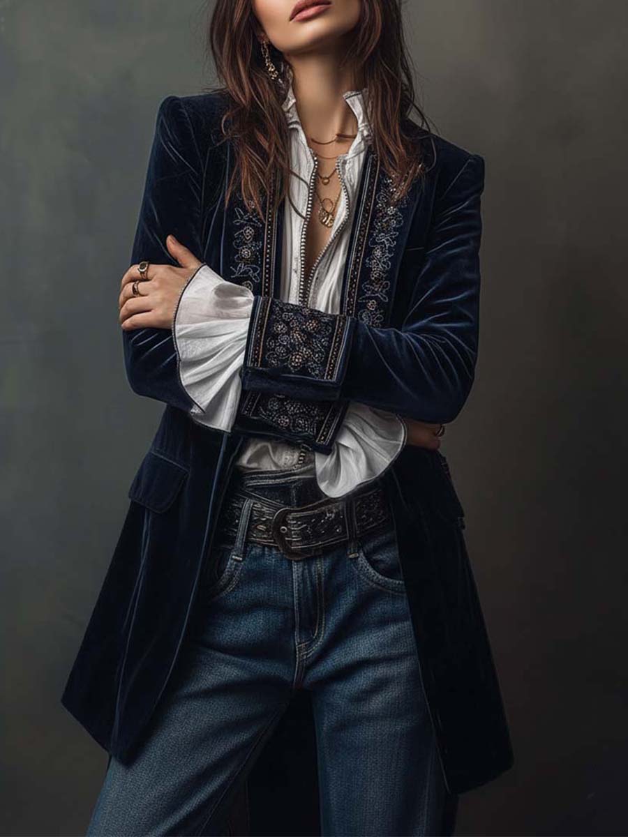 Navy Blue Vintage Embroidered Long Jacket