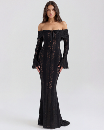 Chloe - Black Lace Maxi Dress with Off-Shoulder Neckline & Sweeping Godet