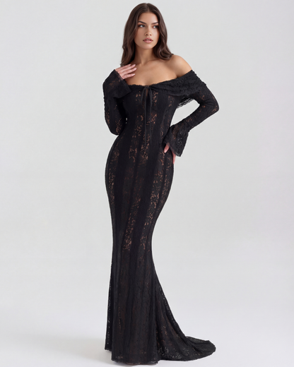 Chloe - Black Lace Maxi Dress with Off-Shoulder Neckline & Sweeping Godet