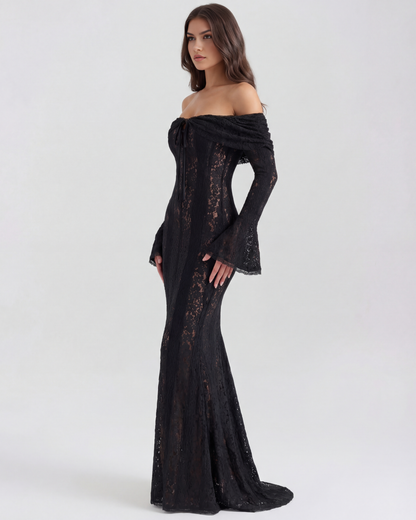 Chloe - Black Lace Maxi Dress with Off-Shoulder Neckline & Sweeping Godet
