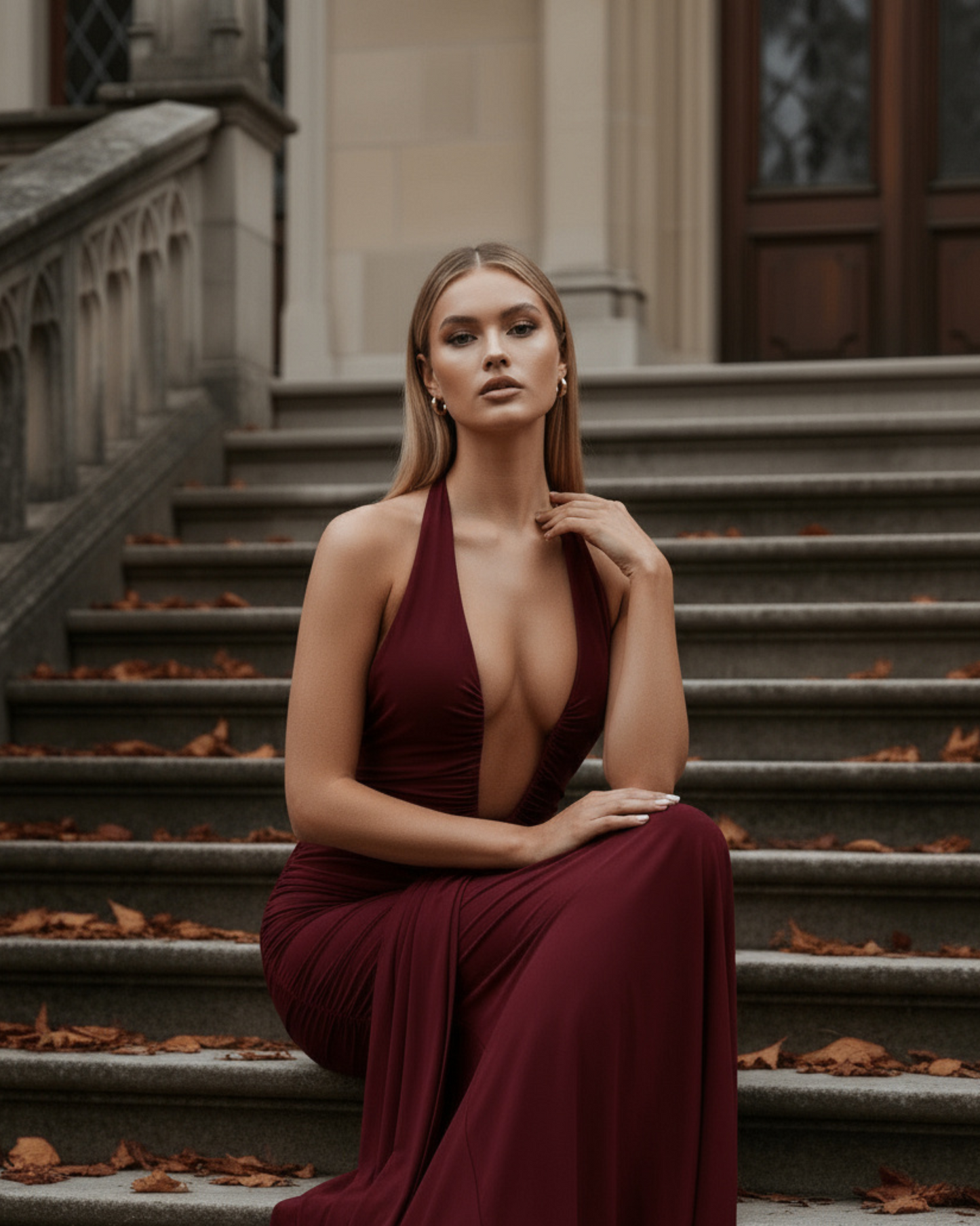 Lily - Burgundy Jersey Maxi Dress with Plunging Halter Neckline & U-Wire Detail
