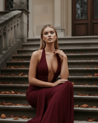 Lily - Burgundy Jersey Maxi Dress with Plunging Halter Neckline & U-Wire Detail