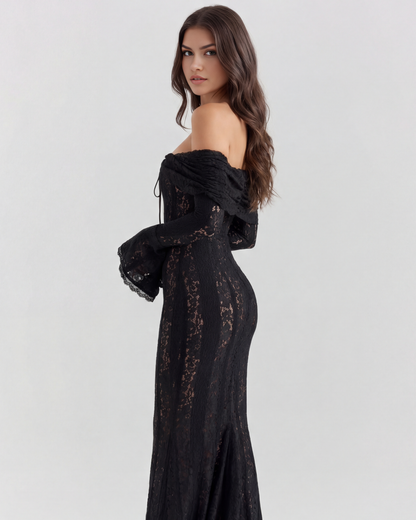 Chloe - Black Lace Maxi Dress with Off-Shoulder Neckline & Sweeping Godet