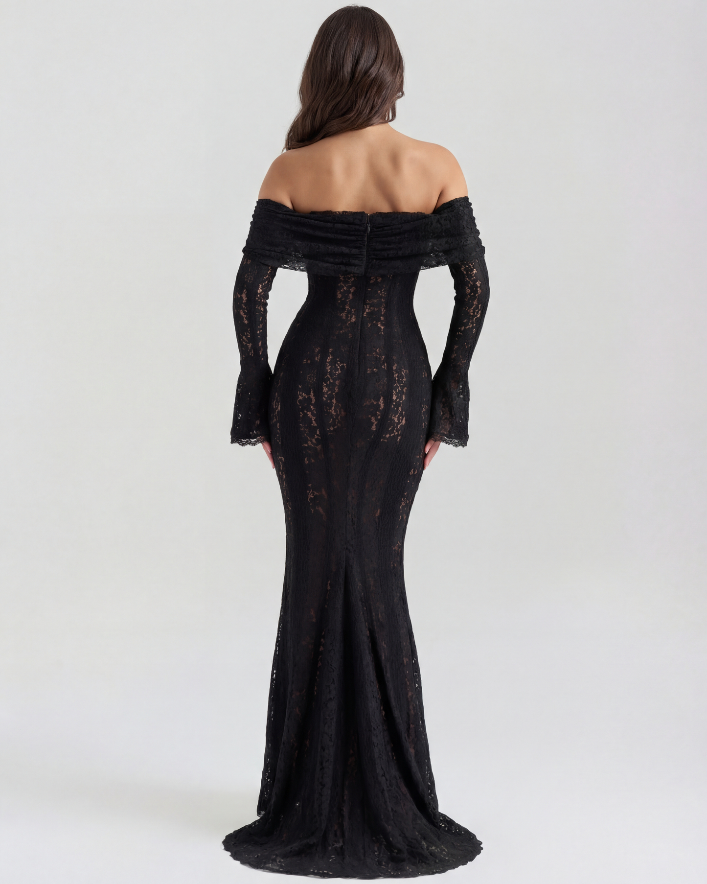 Chloe - Black Lace Maxi Dress with Off-Shoulder Neckline & Sweeping Godet