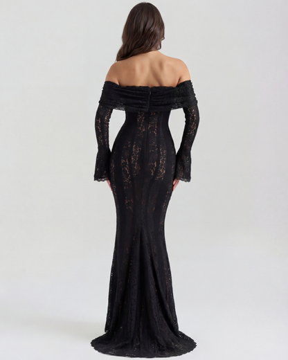 Chloe - Black Lace Maxi Dress with Off-Shoulder Neckline & Sweeping Godet