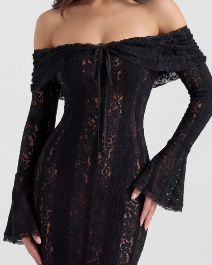 Chloe - Black Lace Maxi Dress with Off-Shoulder Neckline & Sweeping Godet