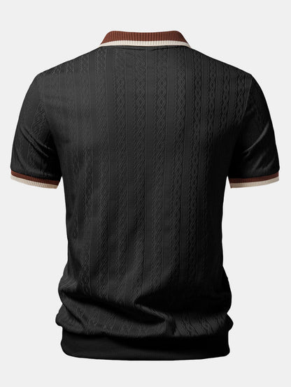 Contrast Trim Textured Zipper Knit Polo & Slim Fit Tapered Trousers