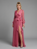 Meredith | Long Sleeve Wrap Sheer Flowing Maxi Dress