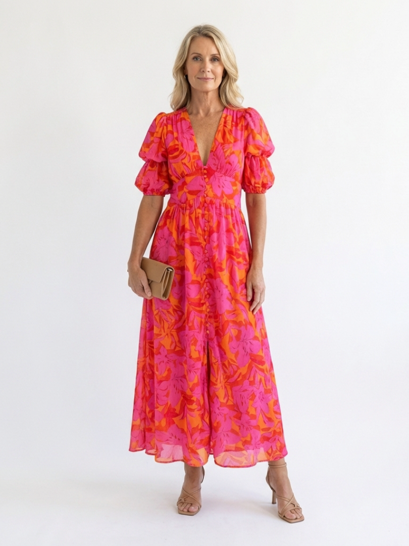 Ellis & Johnson™  | Floral V Neck Puff Sleeve Midi Dress
