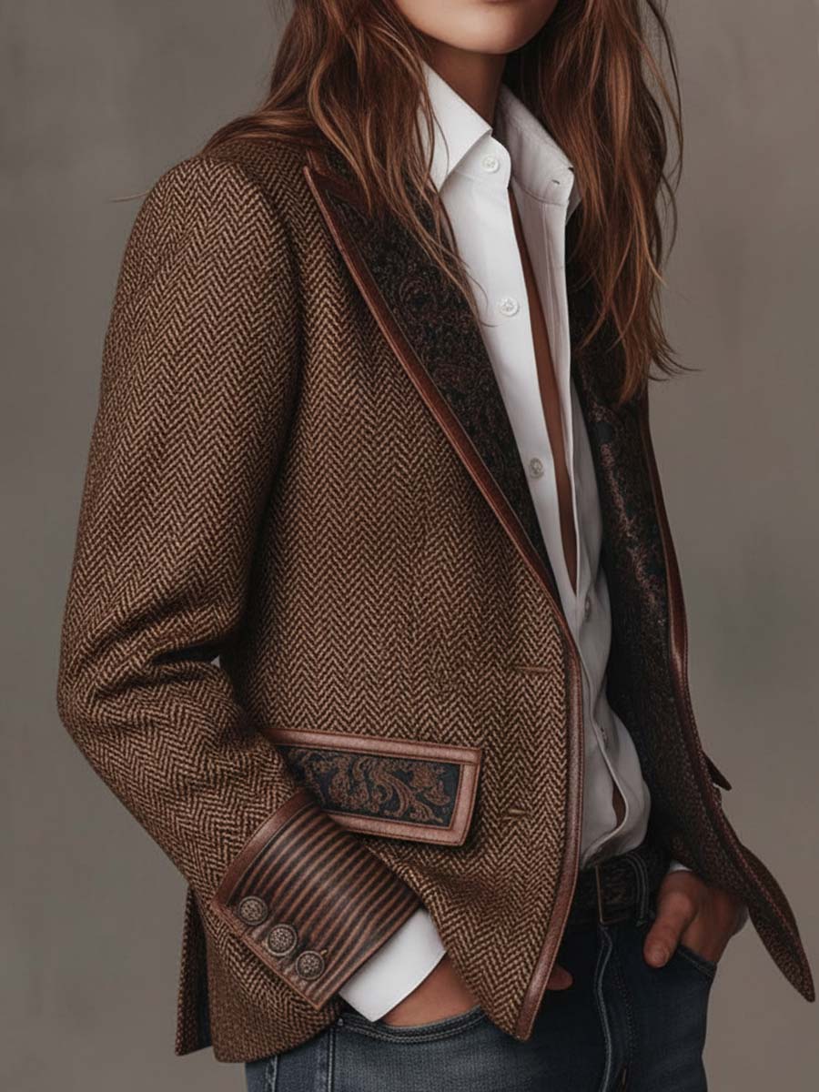 Women's Herringbone Blazer with Printed Panels