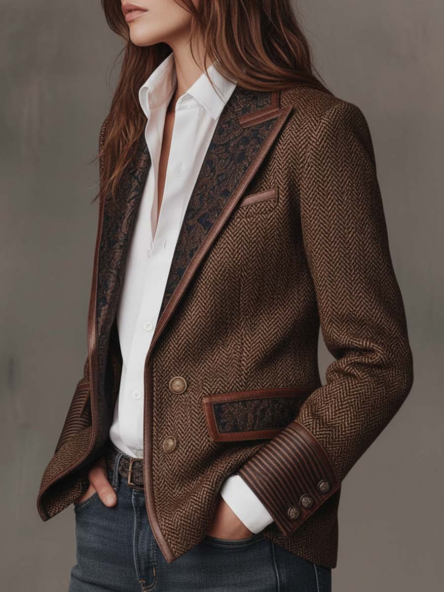 Women's Herringbone Blazer with Printed Panels