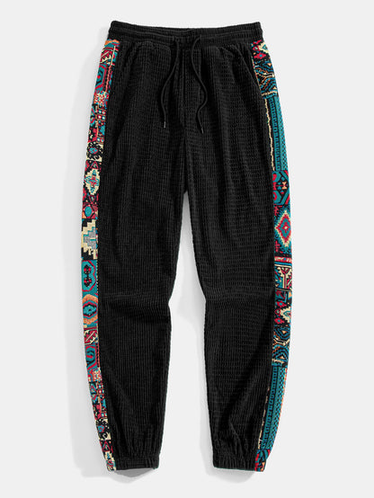 Ethnic Geometric Jacquard Patchwork Corduroy Pants