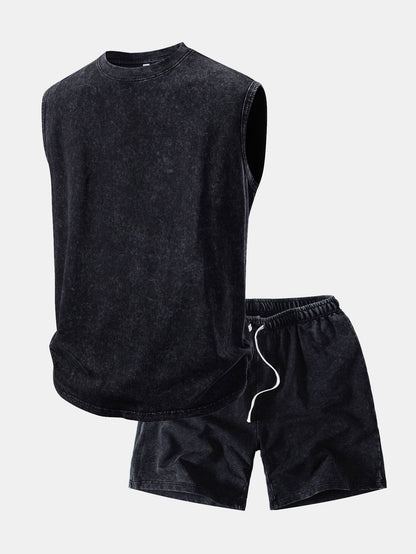 Washed Distressed Tank Top & Washed Distressed Drawstring Shorts