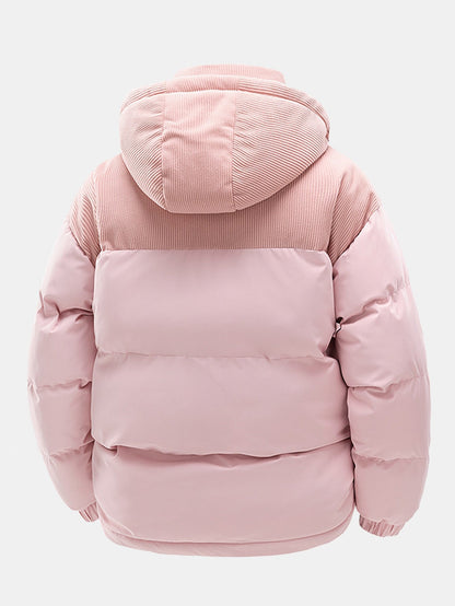 Corduroy Patchwork Hooded Puffer Jacket